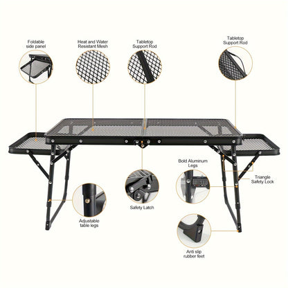 Portable Folding Camping Table with 2 Wingboards & Mesh Top – Height Adjustable Outdoor Grill Side Table for Picnic Barbecue Beach Backpacking, Lightweight Compact Folding Table with Carry Bag