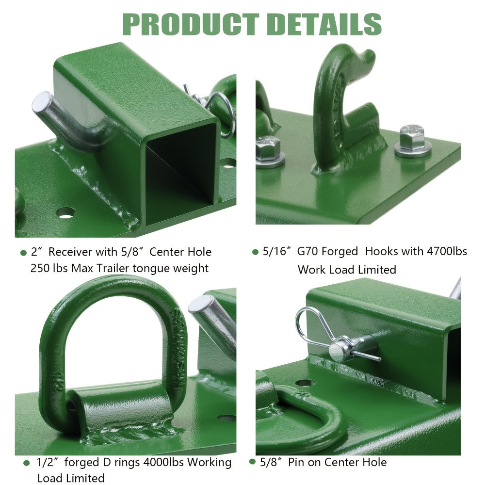 Tractor Bucket Grab Hooks Grade 70 Forged Steel 3/8in Bolt-On with 1/2in Tie Down Ring 2in Hitch Receiver Mount Plate Max 4700LBS for Compact Tractor RV UTV Truck Towing