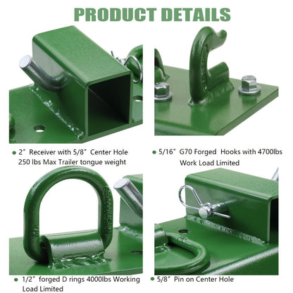 Tractor Bucket Grab Hooks Grade 70 Forged Steel 3/8in Bolt-On with 1/2in Tie Down Ring 2in Hitch Receiver Mount Plate Max 4700LBS for Compact Tractor RV UTV Truck Towing