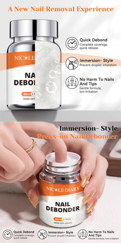 Press On Nail Debonder Remover 80ml — Fast 3-5 Second Soak-Off Liquid for False Tips, Rhinestone Glue Remover, No Damage Easy Dissolve, Professional Nail Care Tool for Women Home Salon