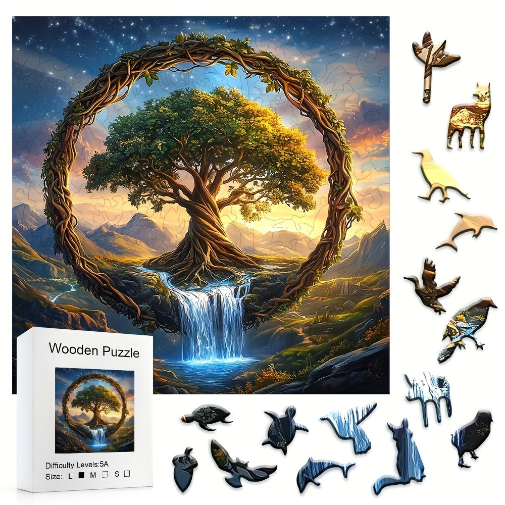 501-Piece Wooden Jigsaw Puzzle Tree of the Universe – Unique Irregular Shaped Pieces, Wood Storage Box, Cosmic Animals & Aliens Art, Brain Teaser Game, Educational Gift for Adults Teens, Christmas Halloween Birthday
