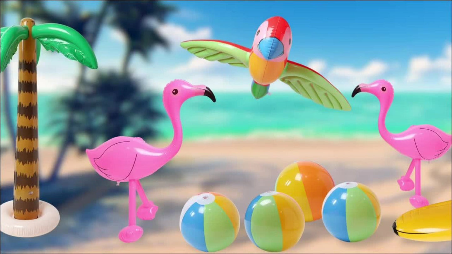 Hawaiian Luau Inflatable Party Decorations 10-Piece Set – 2 Palm Trees, 2 Flamingos, 4 Beach Balls, Parrot & Banana, Tropical Pool Party Supplies for Kids & Adults, Summer Beach Birthday Gift