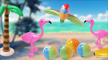 Hawaiian Luau Inflatable Party Decorations 10-Piece Set – 2 Palm Trees, 2 Flamingos, 4 Beach Balls, Parrot & Banana, Tropical Pool Party Supplies for Kids & Adults, Summer Beach Birthday Gift