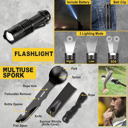 258-Piece Professional Survival Kit with Fire Starter Compass Multi-Tool for Men Camping Hiking Outdoor Exploration Emergency Preparedness Gift
