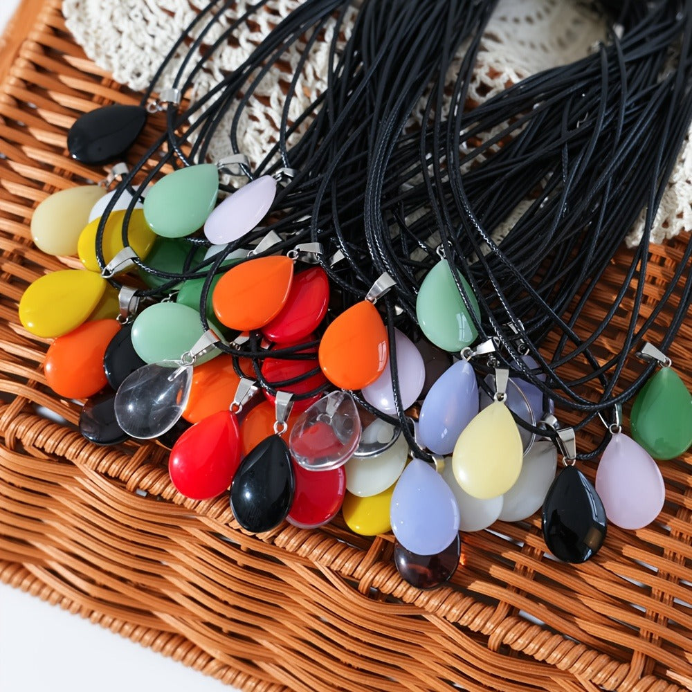 Crystal Pendant Necklace Set 40-Pack – Multicolor Water Droplet Artificial Crystal Pendants with Faux Leather Cord, Fashionable Chic Jewelry for Festival, Party & Everyday Wear, Gift Idea