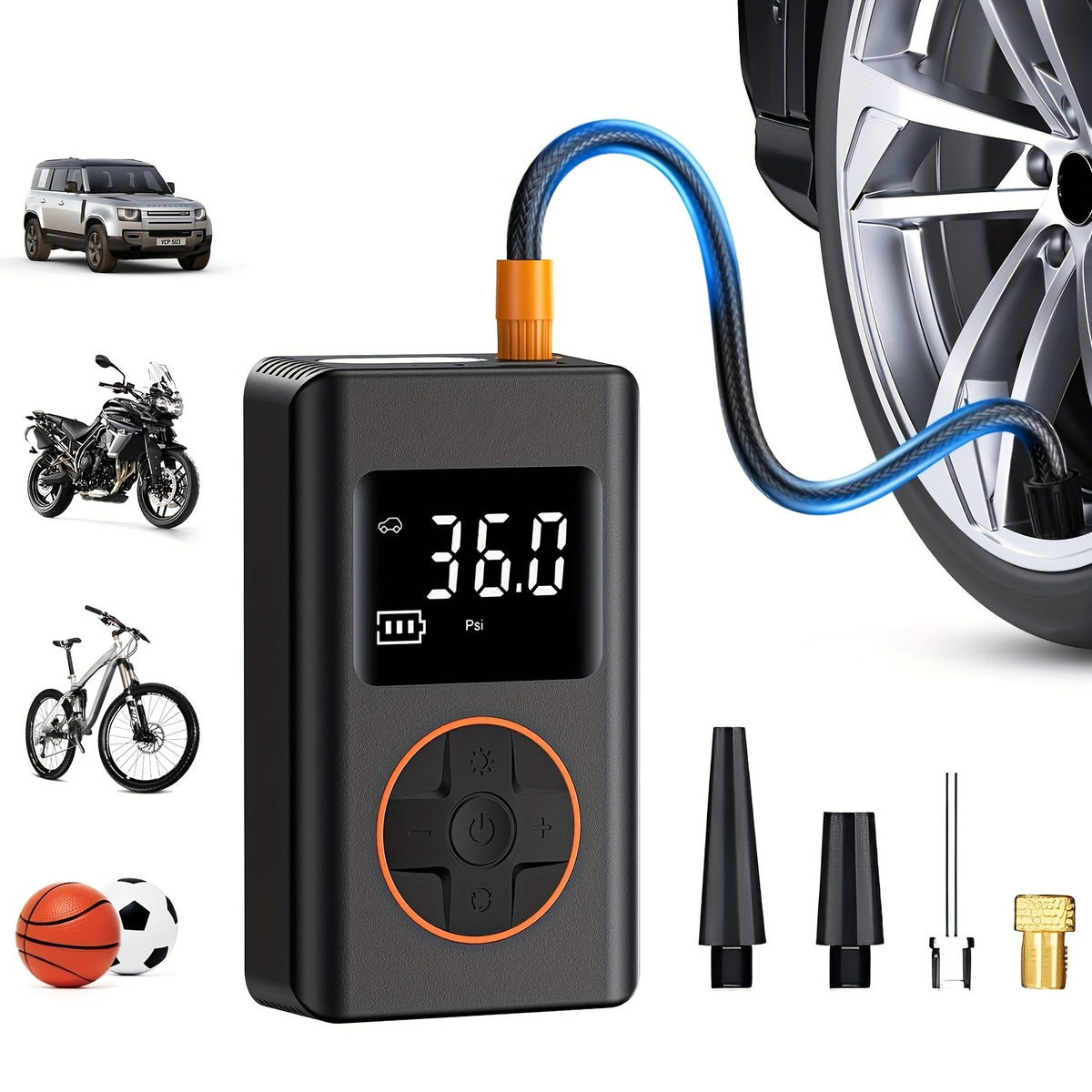 Portable Air Compressor for Tire Inflation Featuring an Automatic Shut-Off, Capable of 150PSI. This Car Tire Pump Comes with a Digital Pressure Gauge And LED Light, Powered by a Rechargeable Lithium Battery, And Is Ideal for Car Tires, Motorcycles