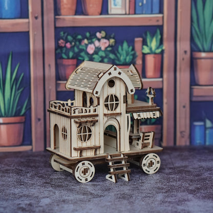 3D Wooden Puzzle Mobile Home on Wheels – DIY Café Bar Model Kit, Handcrafted Miniature House Assembly, Unique Desk Decoration Gift for Adults Teens Birthday Christmas Housewarming