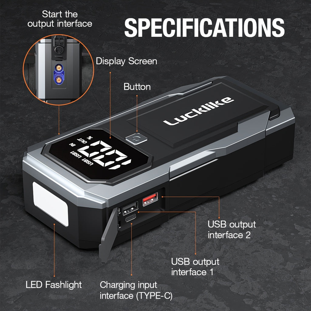 5000A Portable Car Battery Jump Starter And 12V Car Battery Charger - Lucklike Battery Pack for 2.11gal Gas/1.85gal Diesel Engines, Jump Box with Quick Charge, Intelligent Jumper Cables, LED Light, And High-Capacity Power Bank