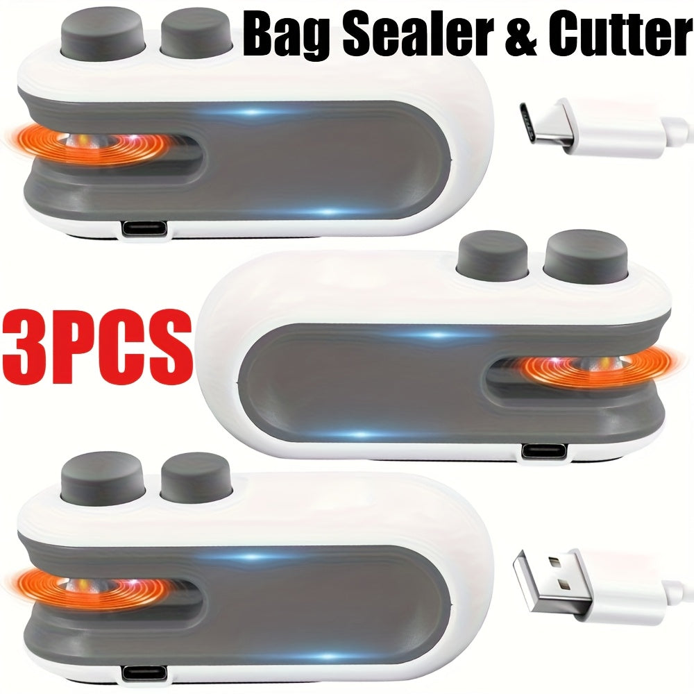 Bag Sealer Handheld Heat Sealer 3-Pack – USB-C Rechargeable 2-in-1 Magnetic Food Sealer with Cutter, Snack Bag Resealer for Plastic Bags, Kitchen Food Freshness, Home & Outdoor Use
