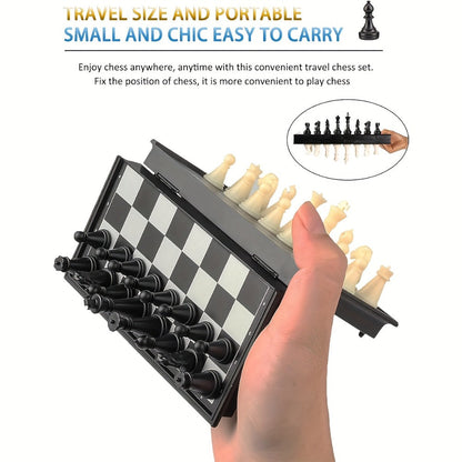 Magnetic Chess Set Folding Board 33 Pieces – 9.4 Inch Portable Travel Chess Game for Kids & Adults, Foldable Storage, Minimalist Design, Educational Strategy Game, Black & White or Wood Style