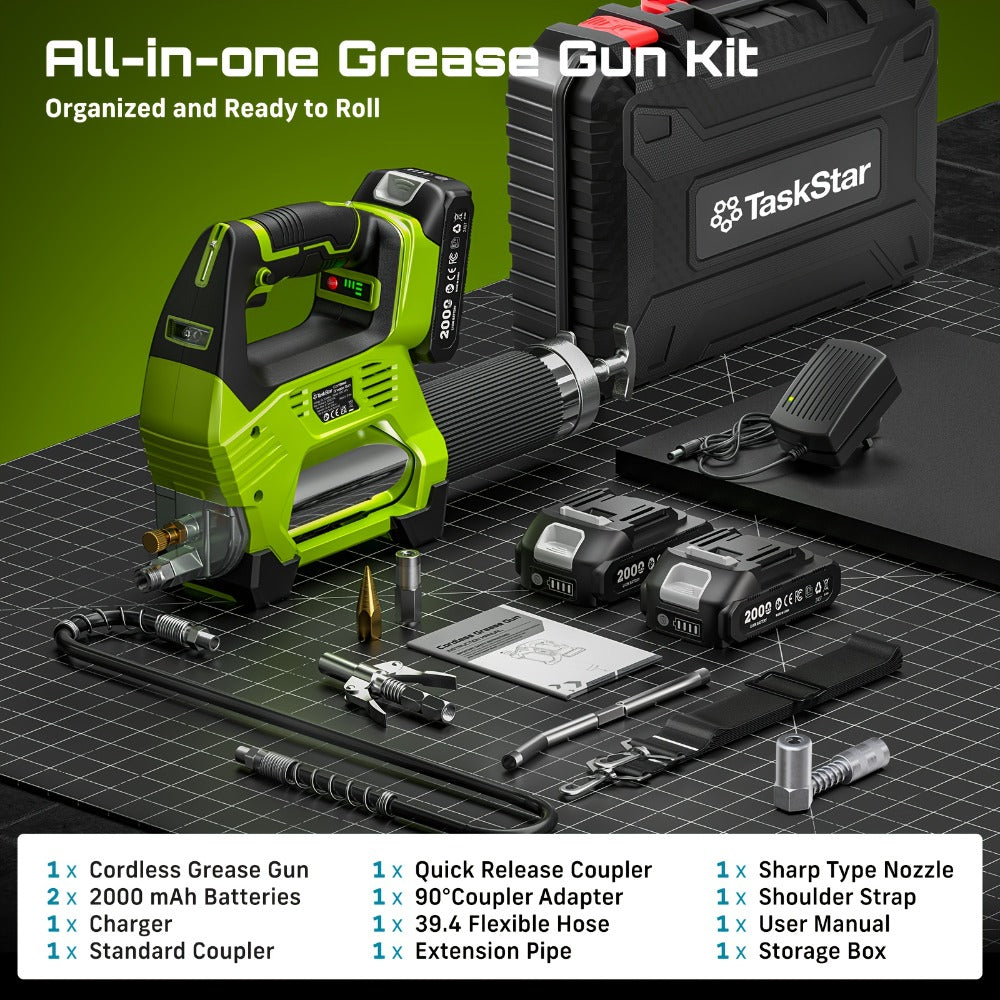 Electric Grease Gun 12000PSI Cordless – 3-Speed Brushless Motor, Dual 2.0Ah Batteries, LED Light, Heavy-Duty Wireless Grease Gun for Automotive, Farm & Industrial Lubrication