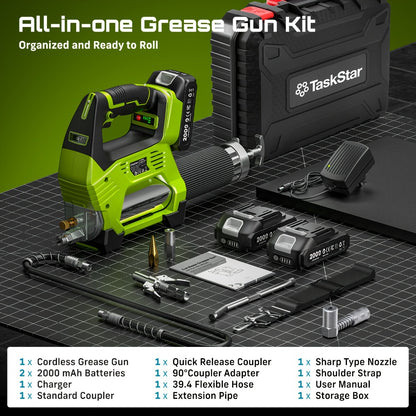 Electric Grease Gun 12000PSI Cordless – 3-Speed Brushless Motor, Dual 2.0Ah Batteries, LED Light, Heavy-Duty Wireless Grease Gun for Automotive, Farm & Industrial Lubrication