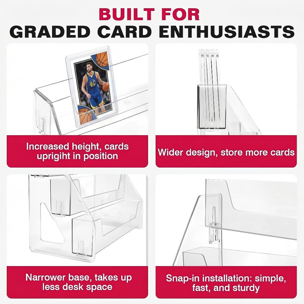 PSA BGS SGC Graded Card Display Stand – 3 or 5-Tier Vertical Collectible Card Showcase, Snap-In Assembly No Tools Desktop Holder for Baseball Basketball Pokemon MTG Trading Cards