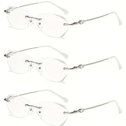 Rimless Reading Glasses for Women 3 Pack - Blue Light Blocking Lightweight Metal Frameless Readers with Anti Eyestrain Lenses, Multiple Colors and Magnifications 1.0X to 4.0X