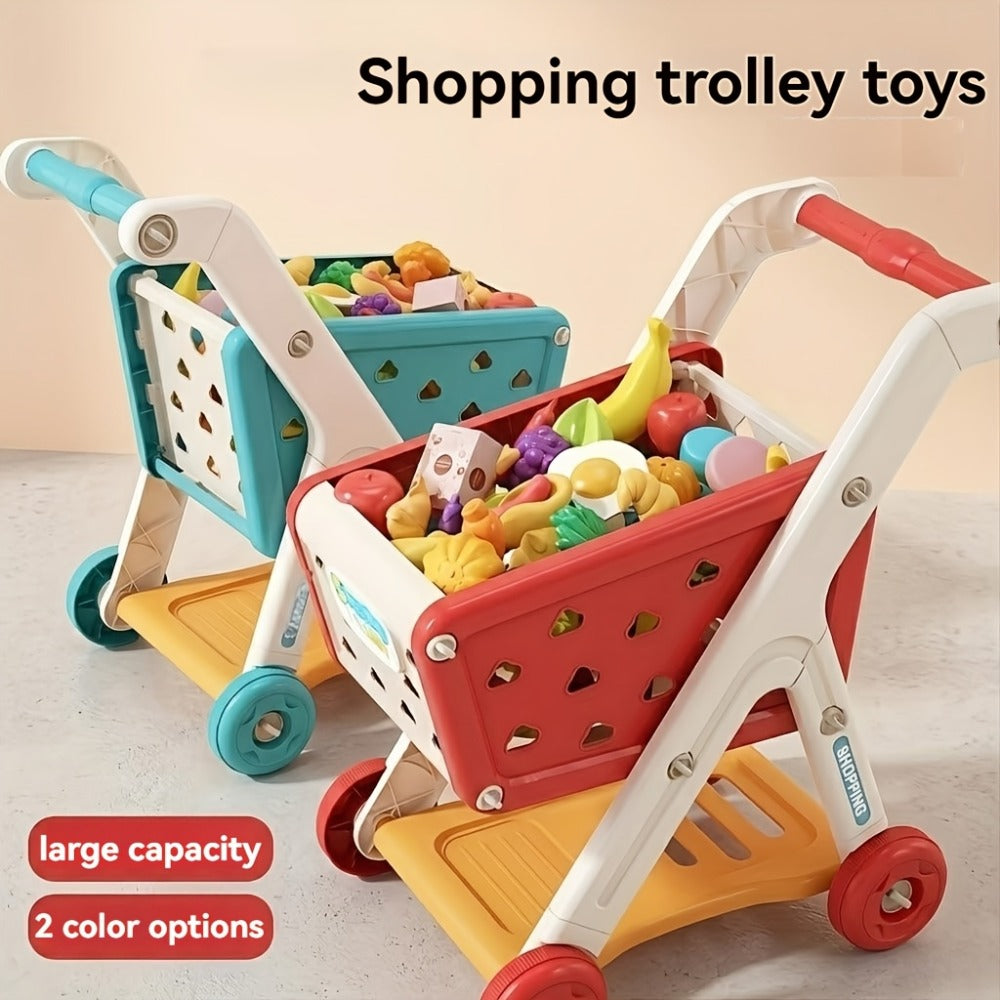 Kids Pretend Play Shopping Cart Toy Set with Realistic Food & Grocery Accessories – Supermarket Role Play for Toddlers Girls Boys Ages 3+, Blue, Birthday Christmas Gift