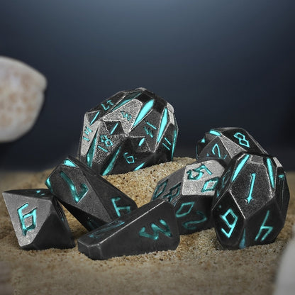 Metal DnD Dice Set 7pcs Glow in the Dark – Stonehenge Zinc Alloy Polyhedral Dice with Display Box, D4 D6 D8 D10 D12 D20 for D&D RPG Tabletop Games, Unique Gamer Gift Blue