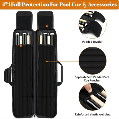 Pool Cue Case 4x4 with Hidden Backpack Strap | Billiard Cue Bag Holds 4 Butts & 4 Shafts | Hard Shell Pool Stick Carrying Case with Large Front Accessory Pockets | Black