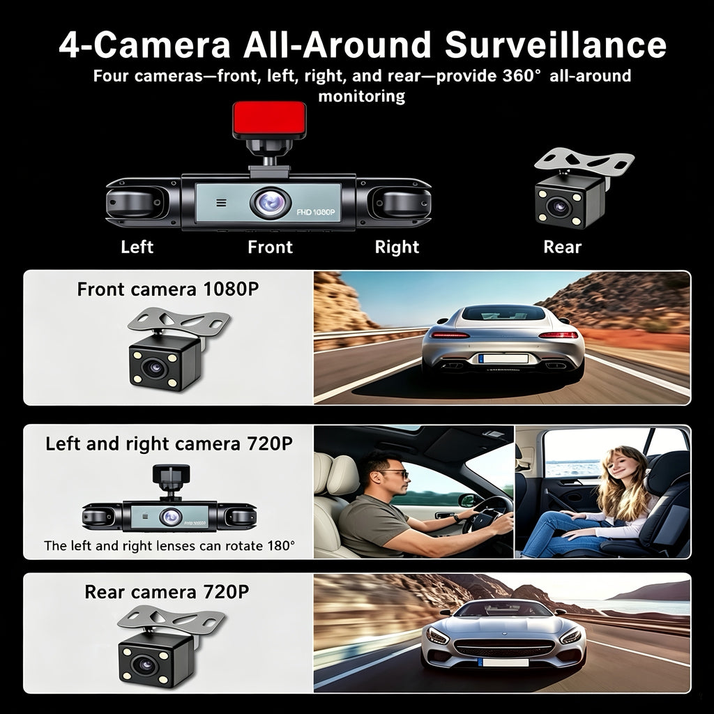HOEMYER 360° Panoramic 3/4 Lens Channel 1080P HD Ultimate Dash Cam Kit, 1080P Front And 720P Front-Rear-Left-Right Full Coverage, Quad-View Display, HD Night Vision, WDR, G-Sensor