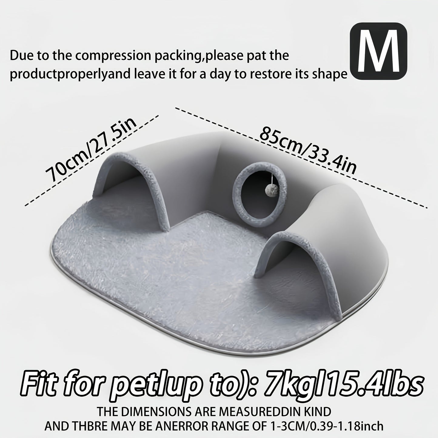 Cat Tunnel Bed 3-in-1 Play Mat & Warm Nest with Non-Slip Base, Durable Chew-Resistant Polyester Cat Bed for Indoor Cats, Soft Gray White Design, S & M Sizes for Cats Rabbits Hamsters