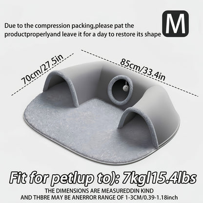 Cat Tunnel Bed 3-in-1 Play Mat & Warm Nest with Non-Slip Base, Durable Chew-Resistant Polyester Cat Bed for Indoor Cats, Soft Gray White Design, S & M Sizes for Cats Rabbits Hamsters