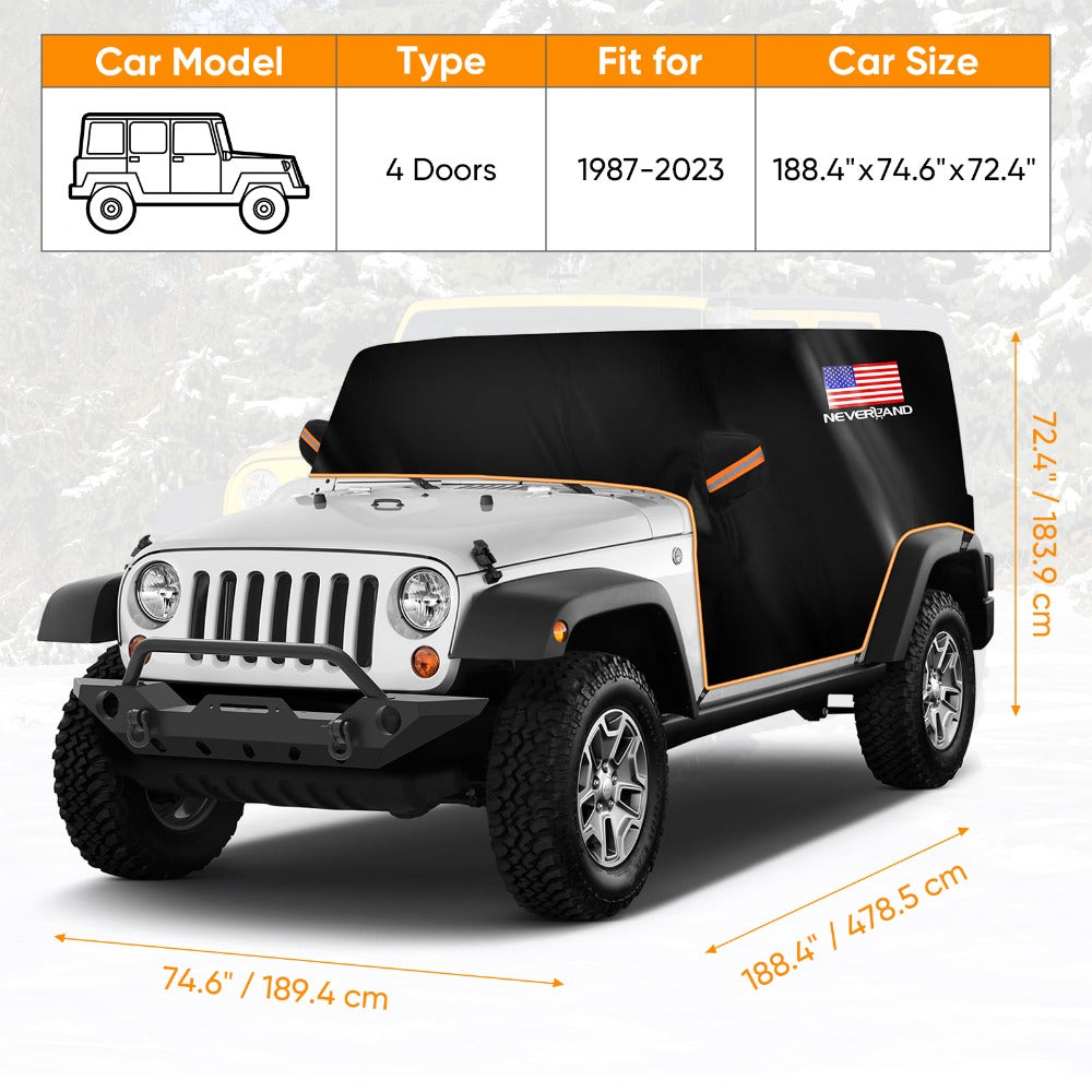 Jeep Wrangler Half Car Cover Waterproof 210D Oxford Fabric – Reflective Strip Windproof Straps for JK JL JKU JLU 2-Door & 4-Door 2007–2024