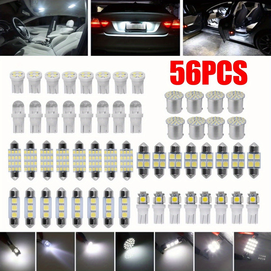 56PCS Car LED Combination Set 12V-T10 Width Indicator Dual Pointed Reading Light, Car Interior Combination LED Map Dome Luggage License Plate Indoor Light Bulb