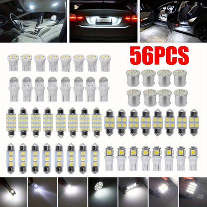 56PCS Car LED Combination Set 12V-T10 Width Indicator Dual Pointed Reading Light, Car Interior Combination LED Map Dome Luggage License Plate Indoor Light Bulb