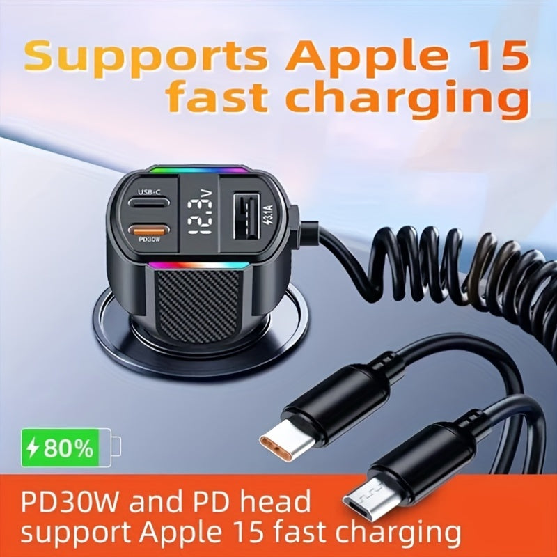 30W 3-Port USB-C Car Charger with PD & QC3.0 Fast Charging, 12V/24V Car Plug Adapter, 12V-24V Vehicle Power Charger, Digital Display & Over-Voltage/Over-Current/Over-Temperature Protection, Car Plug Plug for Cars, Trucks, SUVs, RVs, Boats