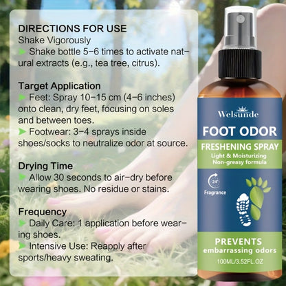 Foot & Shoe Deodorant Spray - Odor Control & Long-Lasting Freshness, Quick-Absorbing Non-Greasy Formula, Hypoallergenic, 100ml/3.52fl.oz, for Men & Women