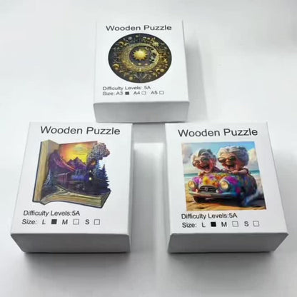 Wooden Jigsaw Puzzle for Adults Galloping Train – 3D Vision Effect Unique Shape Pieces, Book-Style Display, Mountain Sunset Art, Unique Birthday Christmas Holiday Gift for Train Lovers & Puzzle Enthusiasts (S & L Sizes)