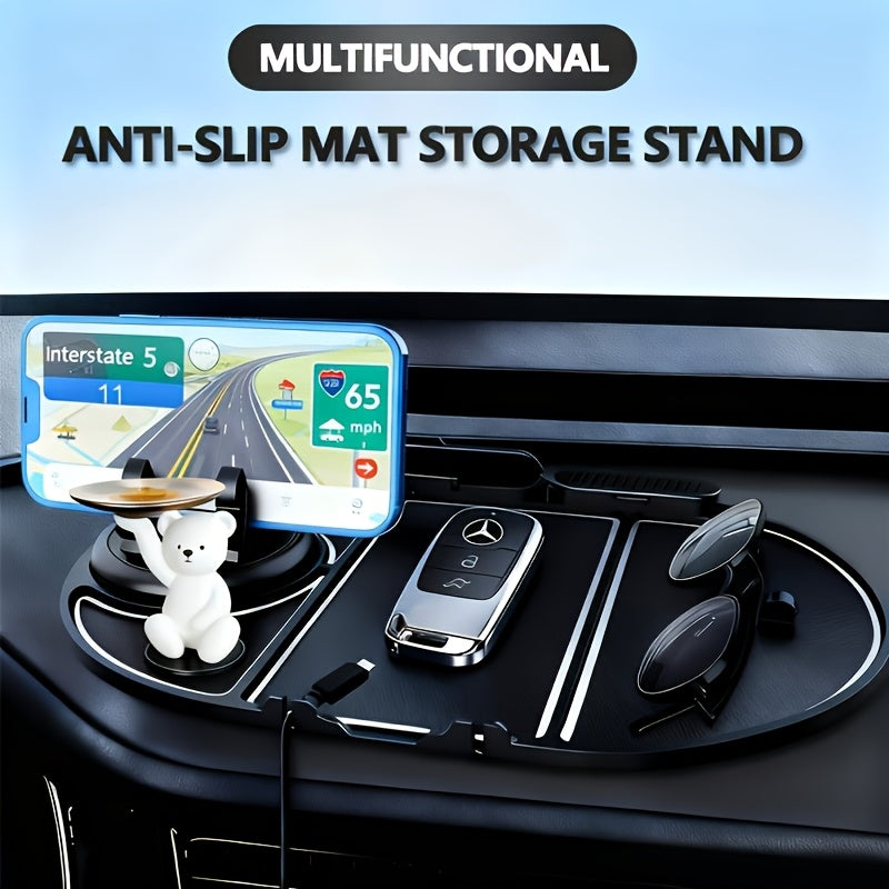 Multifunctional Non-slip Car Dashboard Cushion With Rotating Mobile Phone Holder, Large-capacity Glasses And Key Storage, Heat-resistant Silicone, Lattice Design, Suitable For All Vehicles, Car Mobile Phone Holder, Modern Dashboard Accessories