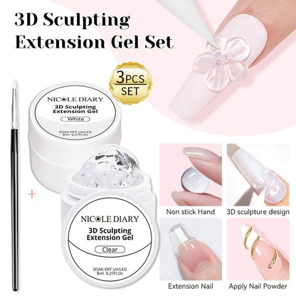3D Sculpting Builder Gel Kit with Carving Pen — Clear & White Nail Extension Gel for Floral Nail Art, Acrylic Extensions & DIY Salon Manicure, Professional Nail Modeling Gel Set 2pcs or 3pcs for Women