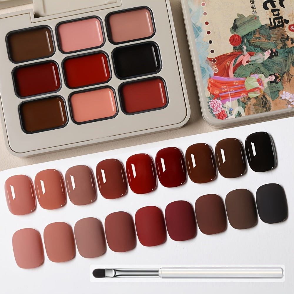 Gel Nail Polish Set 9 Colors Autumn Harvest High Saturation Soak-Off LED — Alcohol-Free Long-Lasting Solid Gel Polish Kit with Light Therapy Pen for Salon & Home Manicure