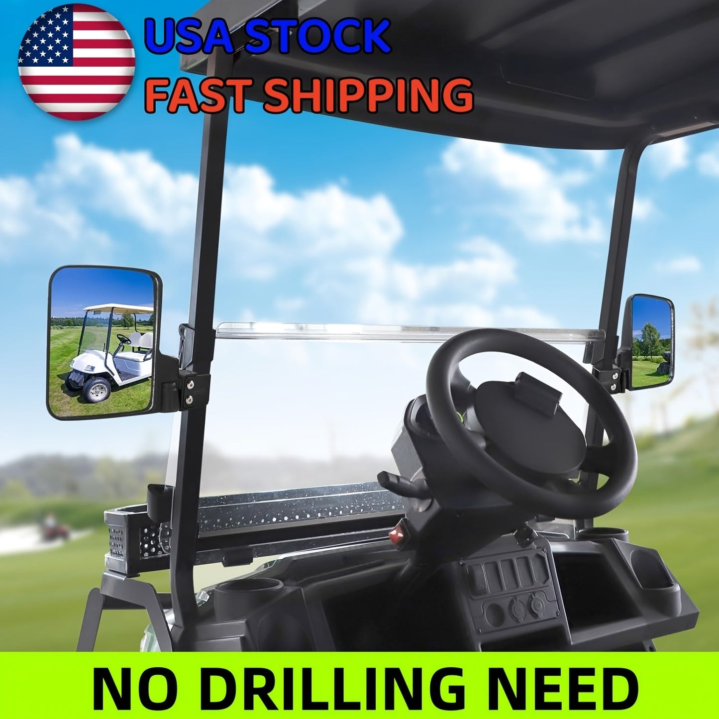 Golf Cart Mirror Set Convex Wide Angle Rotatable Side & Panoramic Rear View Mirrors – Fits Yamaha, EZGO, Club Car & Most Golf Carts, 0.75"-1.25" Square Frame, Real Glass, ABS Housing, Easy Install