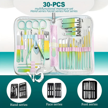 Nail Care Kit 30 Piece with Gradient Travel Box — Complete Manicure & Pedicure Set, Fingernail & Toenail Clippers for Women Men Family, Personal Care Beauty Grooming Gift