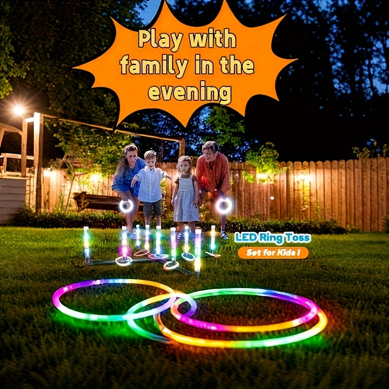 LED Glow Ring Toss Game | Indoor Outdoor Lawn Game for Kids & Family | Glowing Ring Toss Set for Game Night Parties Kindergarten Educational Fun Competition Backyard Play