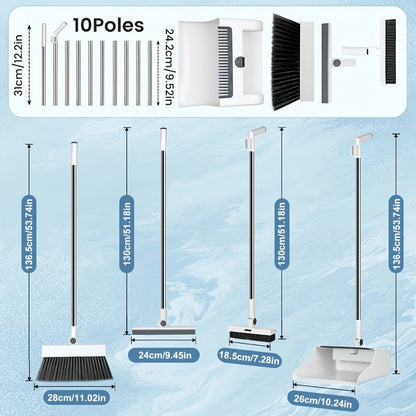 Broom and Dustpan Set with Long Handle - 2-in-1 3-in-1 4-in-1 Foldable Broom Dustpan Combo with Floor Brush for Home Office Dorm Room, Quick Dust Removal Household Cleaning Tool Set, White Pink Blue Orange Purple Grey