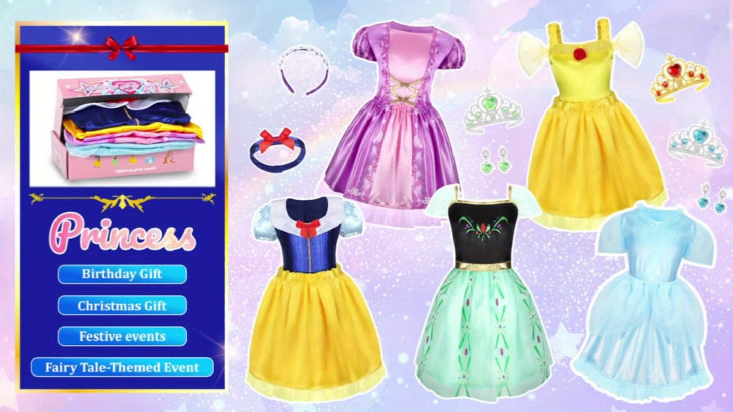 Girls Princess Dress Up Costume Set 14pcs – 5 Role Play Outfits with Crowns, Earrings & Storage Box, Toddler Princess Costumes for Girls Ages 3-6, Birthday Gift