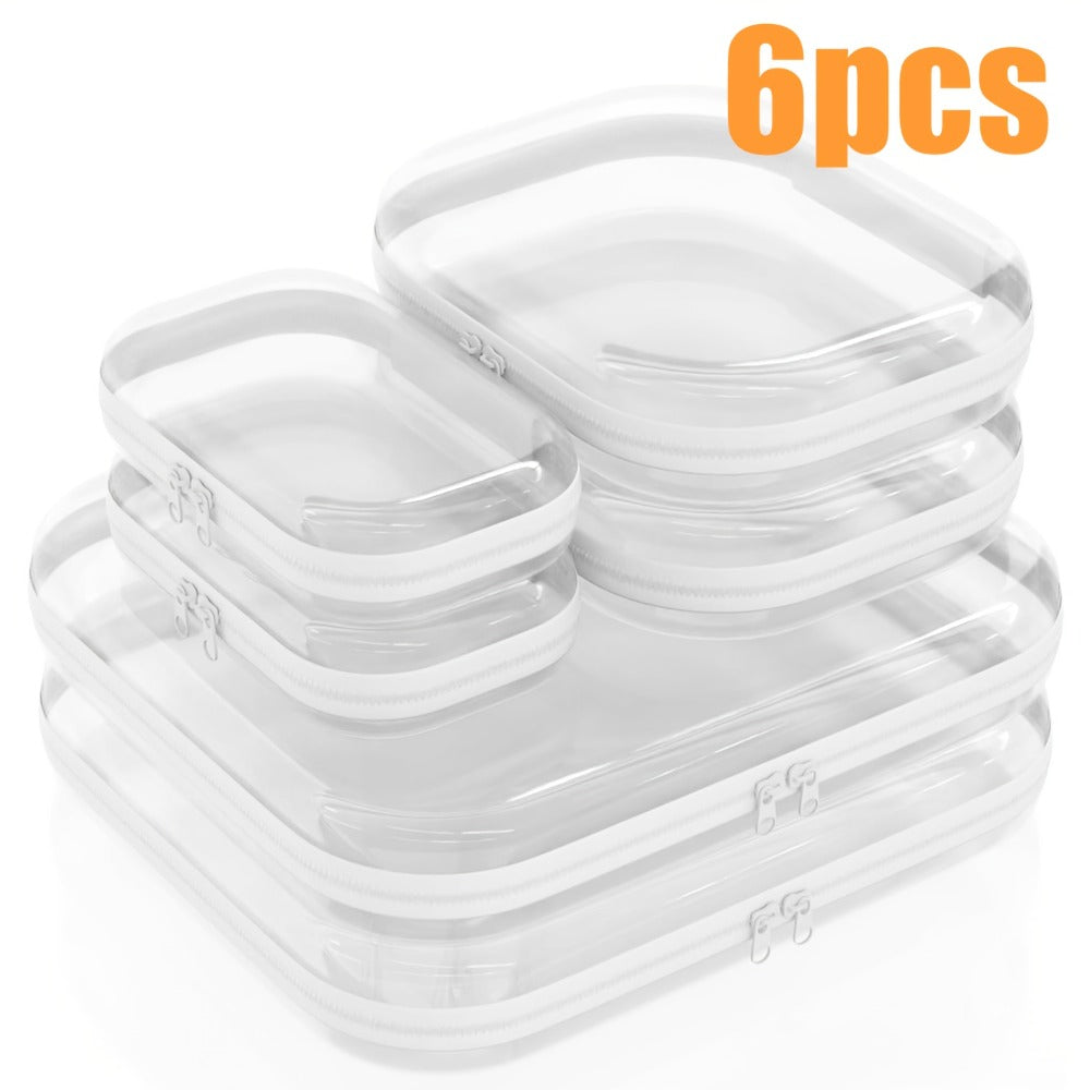 Clear Hard Shell Storage Bag Set 6Pcs Transparent Zippered Makeup Organizer Pouch Hard Plastic Pencil Case Travel Toiletry Bag Small Medium Large Sizes Multi-Purpose