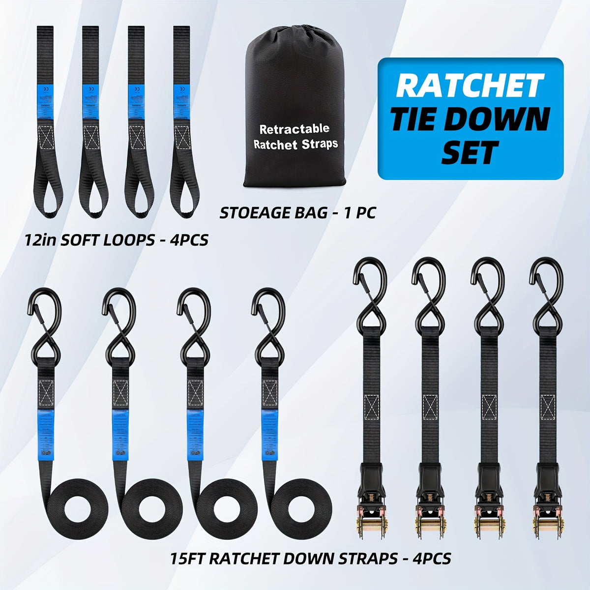 LIALEX 4pcs Ratchet Straps Heavy Duty 15ft 1800 LB Break Strength Ratchet Tie Down with Safety Lock S Hooks and Soft Loop Tie Down