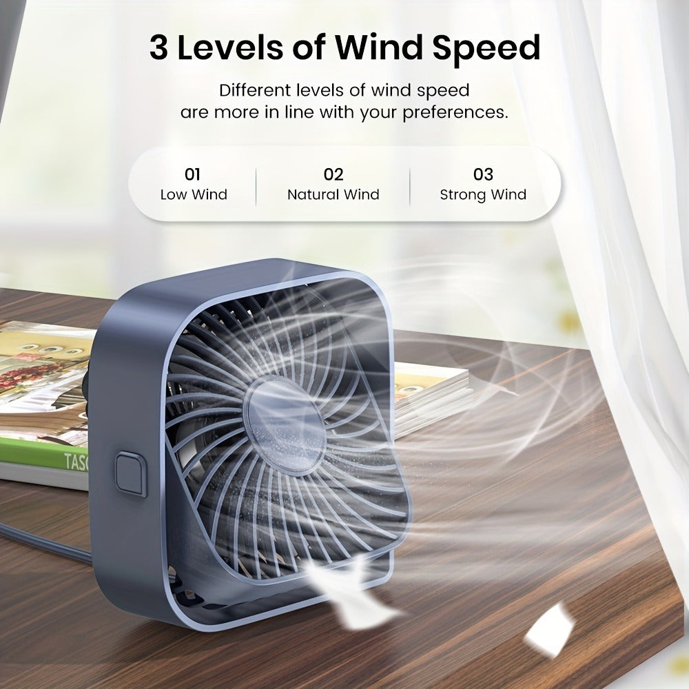 USB Desk Fan Portable, Small Personal Fan 3 Speed Settings 360° Rotation Silent Operation, Compact Lightweight USB Powered Cooling Fan for Home Office Dorm Bedroom Travel, Grey Blue Pink White
