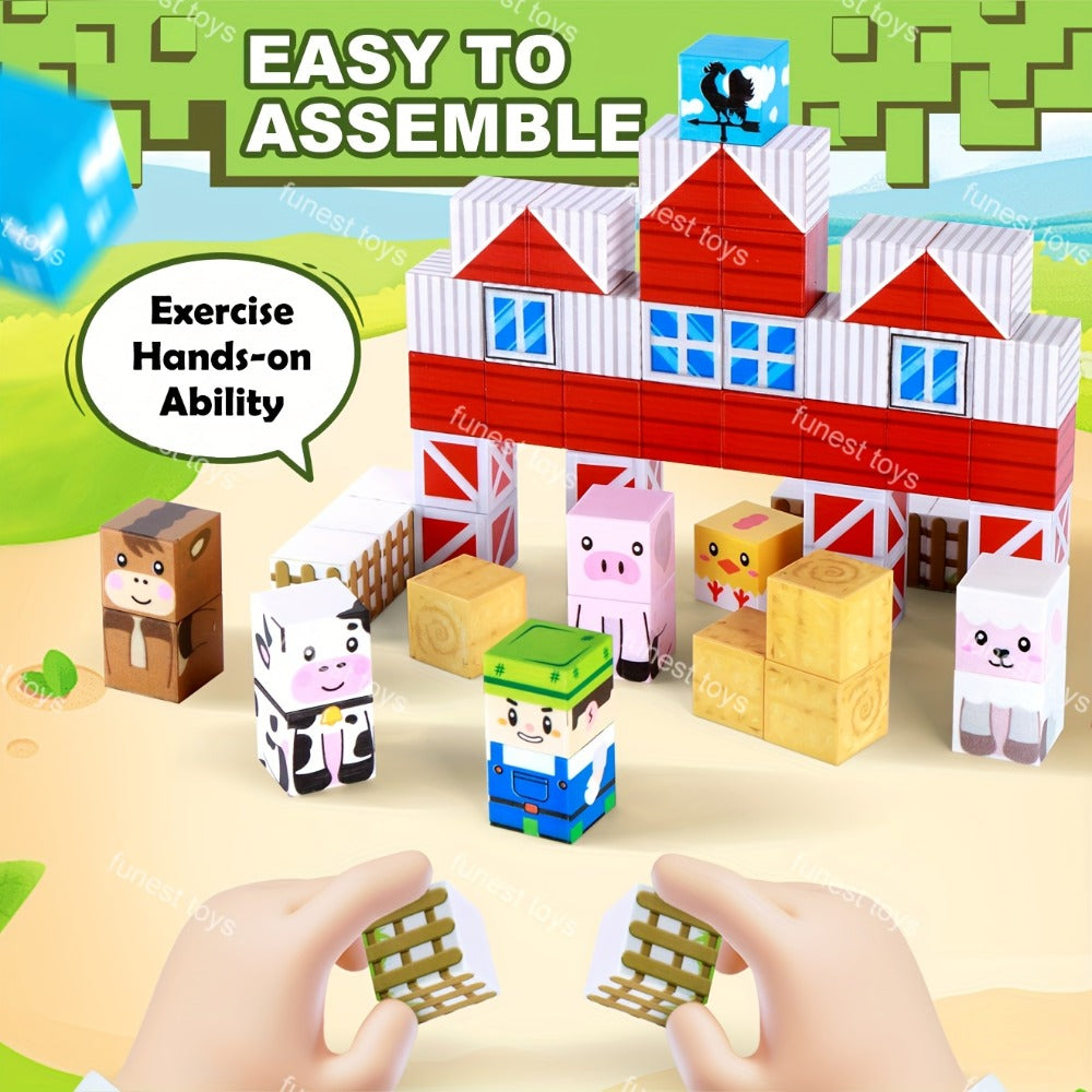 Farm Animal Magnetic Blocks 54pcs STEM Educational Toy – Farm Theme Magnetic Cubes with Animals & Farmer, Creative Learning Building Set, Birthday Easter Christmas Gift for Kids