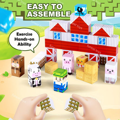 Farm Animal Magnetic Blocks 54pcs STEM Educational Toy – Farm Theme Magnetic Cubes with Animals & Farmer, Creative Learning Building Set, Birthday Easter Christmas Gift for Kids