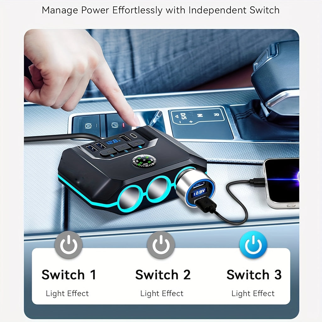 Car Lighter Splitter Charger Adapter 3 Socket Power Outlet 120W USB 12V/24V Car Socket Outlet Splitter with Voltage Monitor Independent Switch for