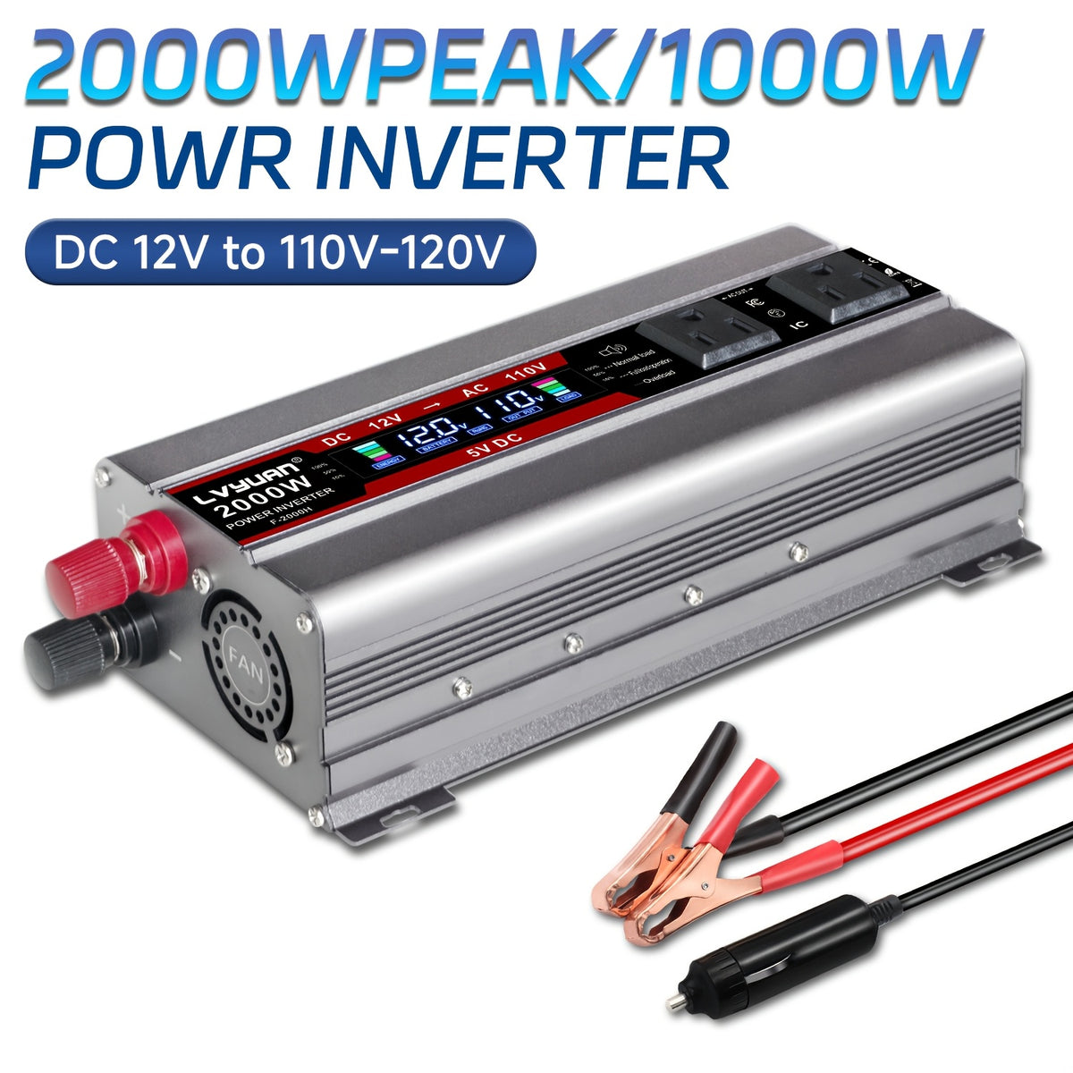 LVYUAN Car Power Inverter 2000W(Peak)1000W 12V to 110V DC to AC with 4 US Sockets, LCD Display, USB Ports for Car, Home, Outdoor, Camping Red