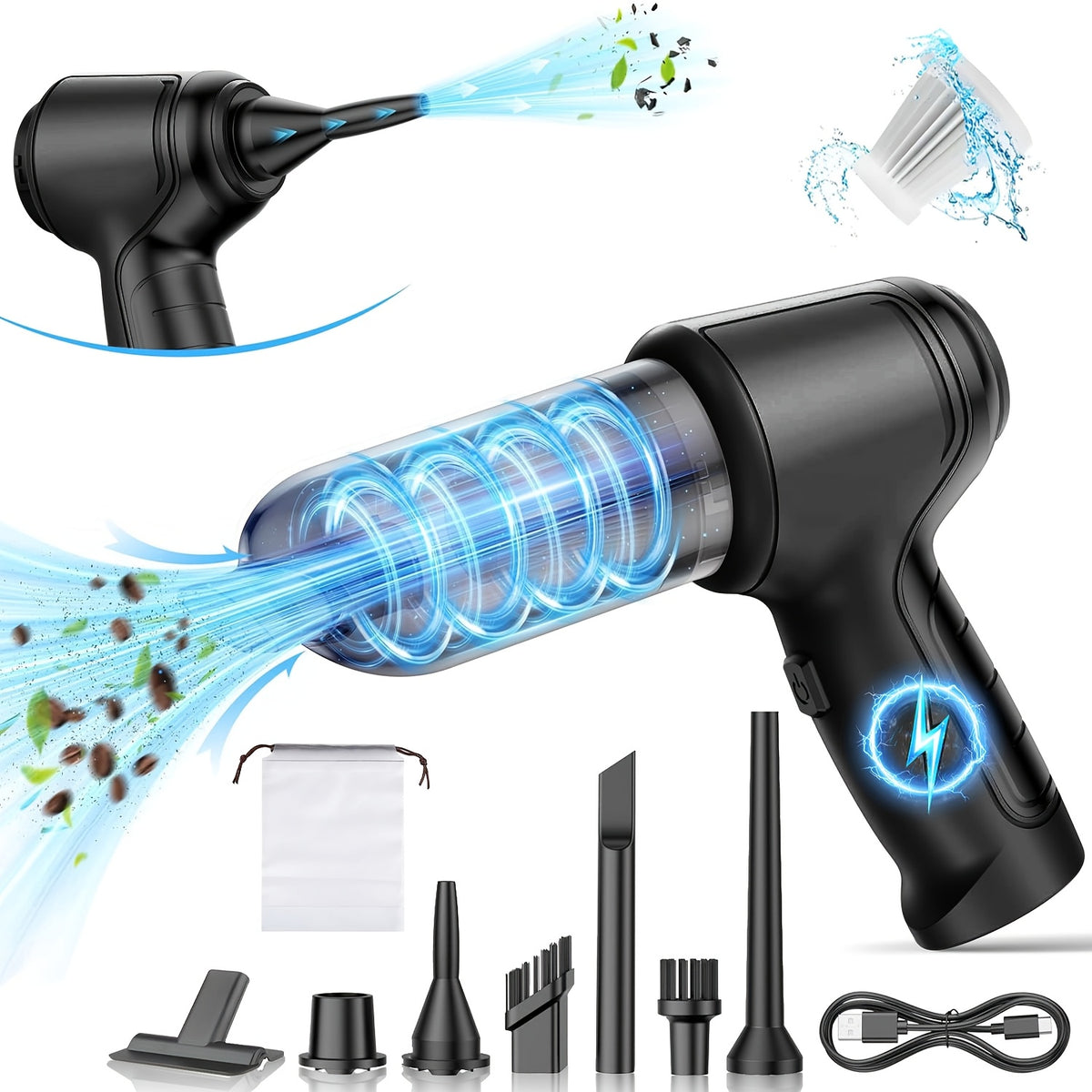 A Three In One Wireless Vacuum Cleaner with A High Power, Which Can Be Used for Suction, Air Extraction, And Blowing, Both In The Car And At Home. It Has An Extended Battery Life, Can Absorb Dust, Debris, Pet Hair, Air Extraction, And Dust Blowing
