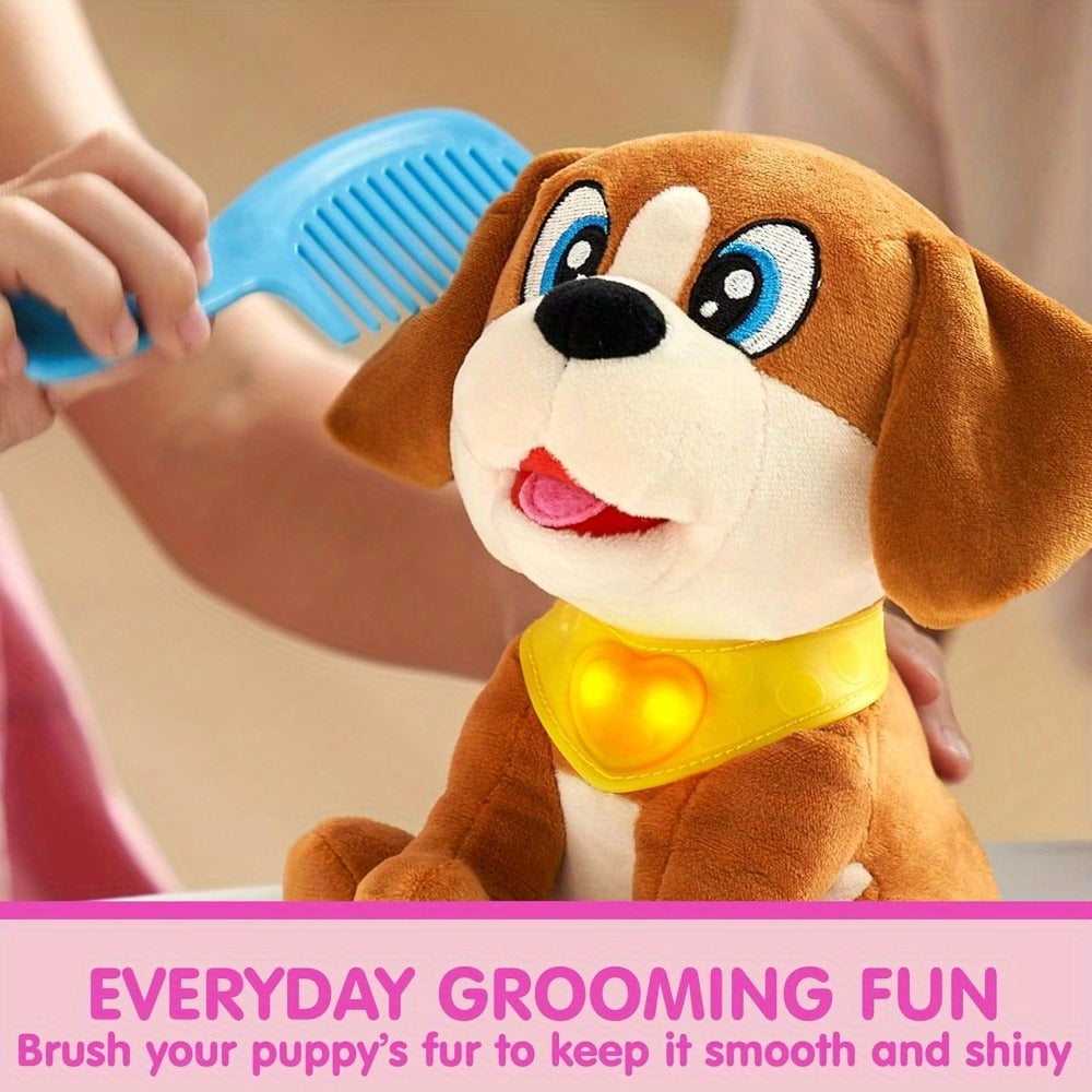 Interactive Plush Dog Toy for Toddlers with Carrier Set Music Lights Sounds Soft Breathing Glow Puppy Pet Toy with Accessories Birthday Gift for Girls 18 Months 2 3 Year Old