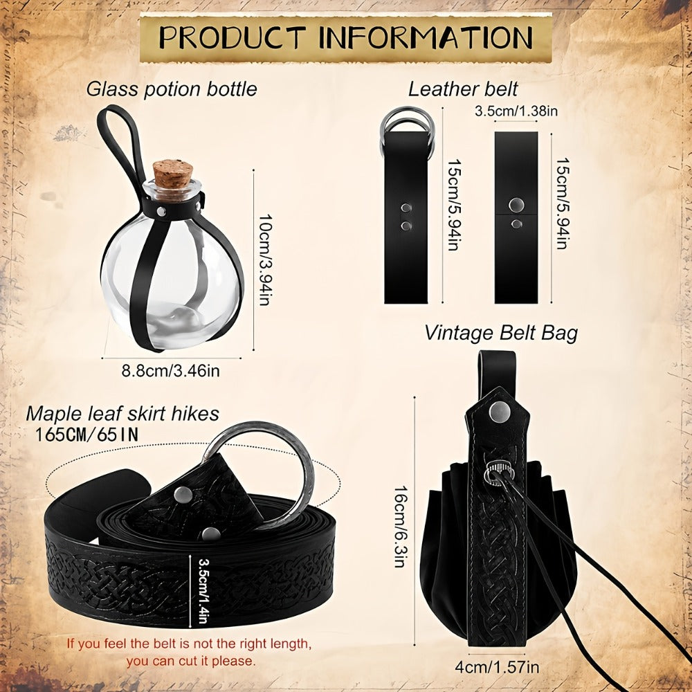 Medieval Belt Set 5pcs Viking Renaissance Faux Leather Harness with Potion Bottle Bag – LARP Halloween Cosplay Renaissance Fair Themed Party Role Play Costume Accessory, Black & Brown
