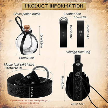 Medieval Belt Set 5pcs Viking Renaissance Faux Leather Harness with Potion Bottle Bag – LARP Halloween Cosplay Renaissance Fair Themed Party Role Play Costume Accessory, Black & Brown