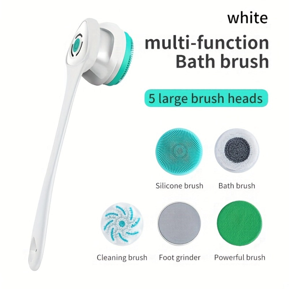 Electric Body Scrubber Brush 5-in-1 Rotating Shower Exfoliator with Long Handle - Soft Bristle Waterproof Bath Brush for Back Face & Full Body, Home Spa Skin Care Tool for Women & Men